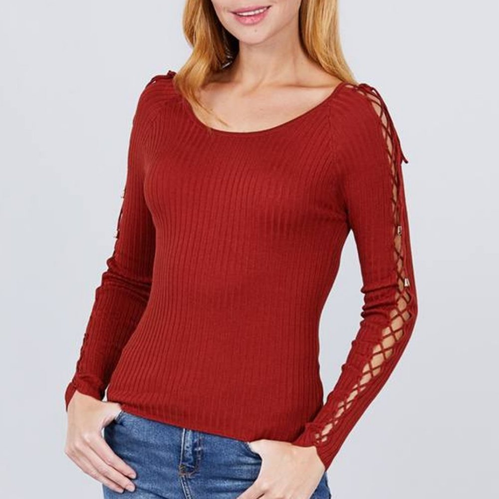 Women's Long Sleeve W/strappy Detail Round Neck Rib Sweater Top Rust Size S NWT